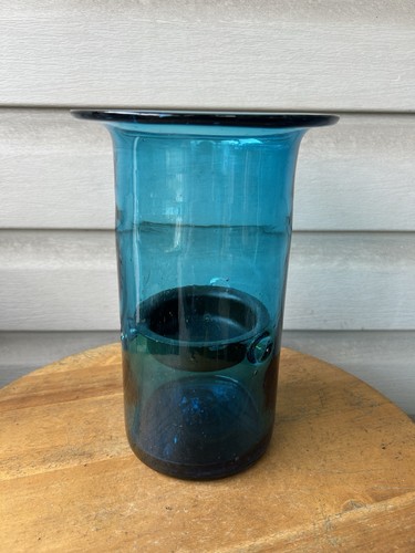 Vintage Blue Bubbles Hand Blown Art Glass Hurricane Globe Candleholder 10"