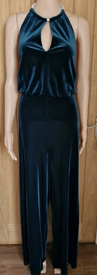 Nwt Green diamante halterneck velvet wide leg jumpsuit size 18 - Image 4 of 4