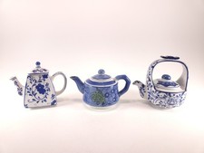 Lot Of 3 Miniature Teapots Blue  White Delft Approx 3" W/ Lids