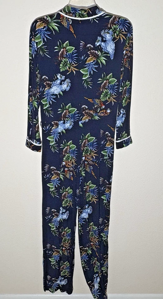 Mono Mujer Zara XS Negro Floral Crepé Tejido Blanco Ribete Bolsillos Foto 2 de 4