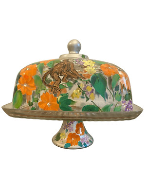 Vintage Glass Cake Stand Handpainted Monkey Florida Sunroom