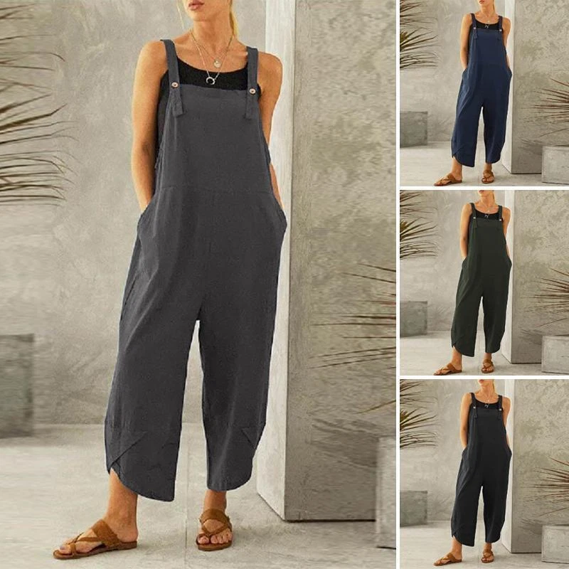 Womens Cotton Linen Strappy Jumpsuit Dungarees Ladies Baggy