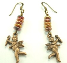 Bronze Cupid Earrings with Czech Disk Beads Handmade Jewelry Boho Chic
