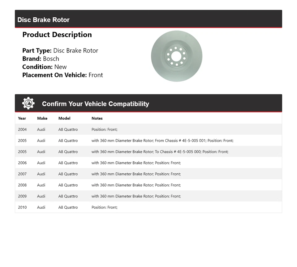 Rotor de freno de disco delantero QuietCast 2005 2006 para Audi A8 Quattro Bosch 2004-2010 Foto 2 de 4