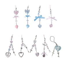 Handmade Beaded Phone Chain Sweet Bowknot Heart Cellphone Charm Stylish Keyring