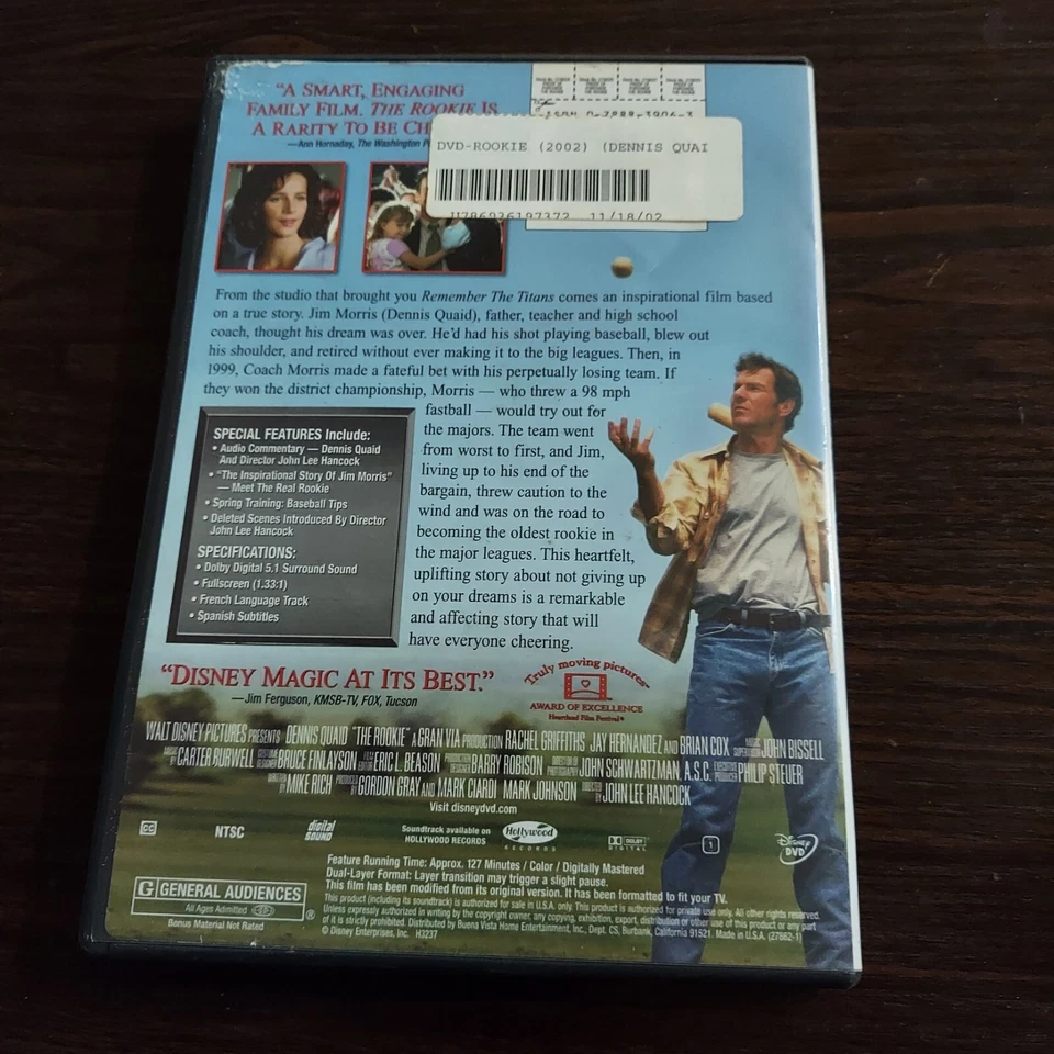 The Rookie (DVD, 2002 Full Screen) Walt Disney Pictures Dennis Quaid Foto 2 de 3