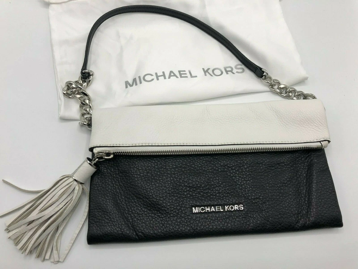 Michael Kors Tonne Black White Silver Pebble Leather Foldover