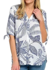 NEW - French Dressing Jeans Woven Elbow Tie Sleeve Y-Neck Button Front Top