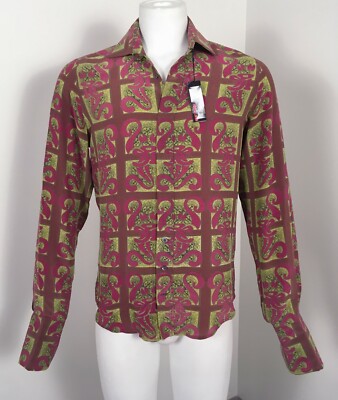 NEW $1050 Roberto Cavalli Silk Shirt! e 52 M Bright Pattern Double