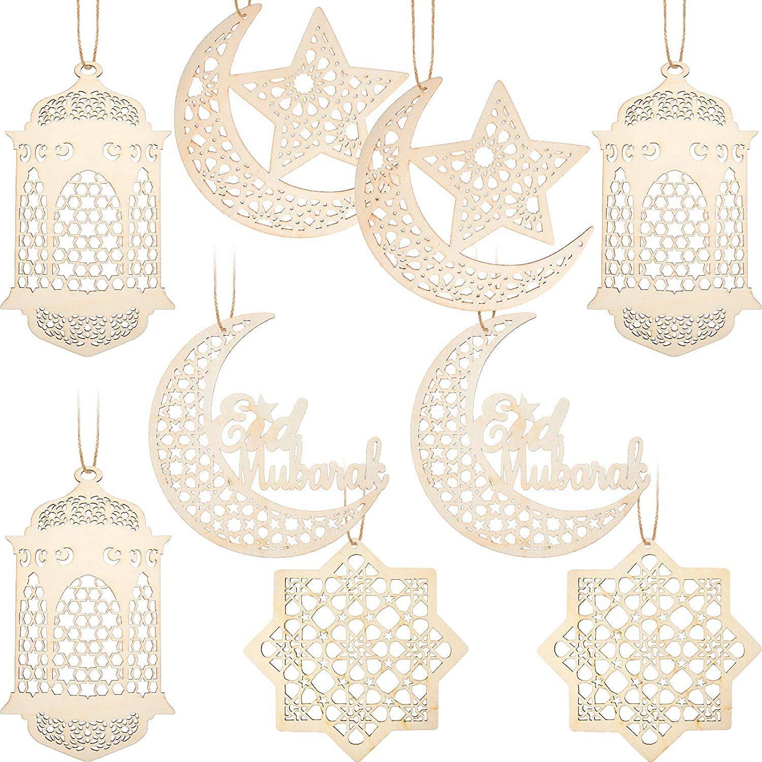 9Pcs Wooden Pendant Ornament Ramadan Hollow Decoration  Star Wind Light3172
