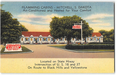 FLAMMING CABINS Mitchell, South Dakota Roadside 1940s Linen Vintage Postcard