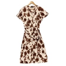 Jacqui E Dress Womens 10 Brown Floral Linen Viscose Shirt Midi Belted Summer