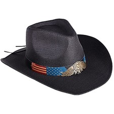Men  Women's Woven Straw Cowboy Hat w/Hat Band One Size Flag Band black