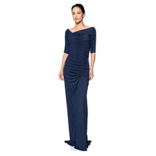 Tadashi Shoji Navy Ruched Evening Gown Off Shoulder Maxi Dress Stretch Mesh M