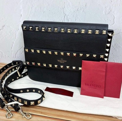 Auth Valentino Garavani Rockstud Black Leather Crossbody Clutch Bag  G.C. Japan
