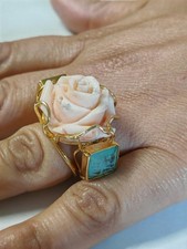 Anello donna vero corallo rosa fascia argento 925 plac oro giallo fatto a mano
