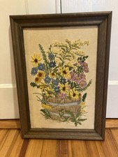 READ Crewel Embroidery Wood Framed Needle Work Flowers in Basket 21 x 15 Vintage