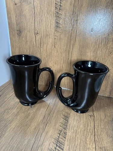 Vintage Tiara Indiana Glass Black Set of 2 Mugs Hunter Horn Tankards