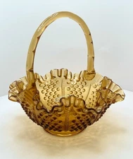 Fenton Amber Hobnail Glass Basket • Ruffled Edge • Vintage Art Glass Bowl 8”