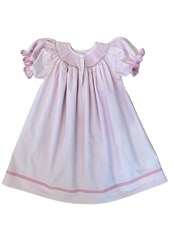 Smocked Pink White Seersucker Bishop Dress Bunnies Gingham Check Easter Size 3 - Image 4 of 4