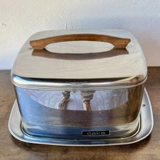 Vintage Lincoln Beautyware Stainless Cake Plate/Carrier Square Lock Lid & Handle