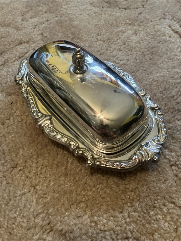 Ornate Silver PLATED Butter Tray With Glass No Chips Pristine Condition