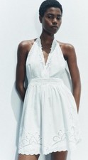 Zara White V Neck Halter Cutwork Embroidery Midi Dress Size MED
