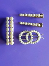 Lot Of 4 Vintage Hair Clips With Faux Pearls Gold-tone Metal