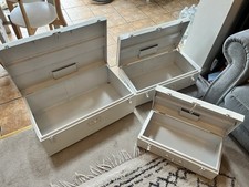 Set of 3 White Metal Storage Trunks Nesting Chests Vintage Industrial Style