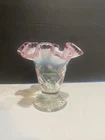 Fenton Pink Crest Ruffle 4” Vase Opaline Optic Hand Painted Signed