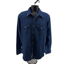 Vintage 90s Wrangler Shirt 17x35 Blue 70127MW Western Denim Pearl Snap USA