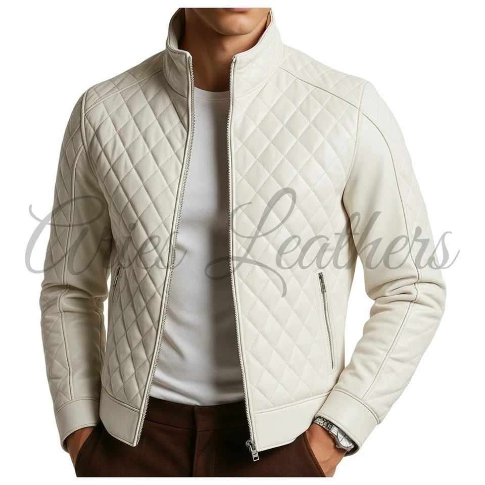 男式正品 LAMBSKIN 皮革白色飞行飞行员夹克绗缝风格自行车外套 — 第 2/4 张图片