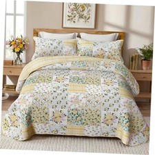 Patchwork Quilt Floral Size Quilt 3 Pieces Bedding Set Reversible King Yellow