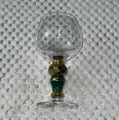 Clear Stemmed Wine Glass Goblet with Green & Gold Decorated Stem, Round