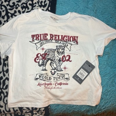 True Religion Rhinestone Leopard Cropped Baby Tee White XL Cotton Knit