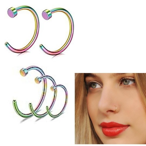 10mm rainbow Nose Ring Surgical Steel Hoop Lip Rings Small Thin Body Piercing. - Picture 6 of 6