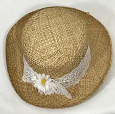 Natural Straw Hat Lace Daisy Band Bow BOHO Bohemian Summer Romance Vintage OSFM