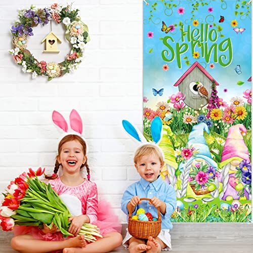 Hello Spring Cubierta de Puerta Spring Gnomo Puerta Banner Primavera Pascua Colorido - Imagen 3 de 7