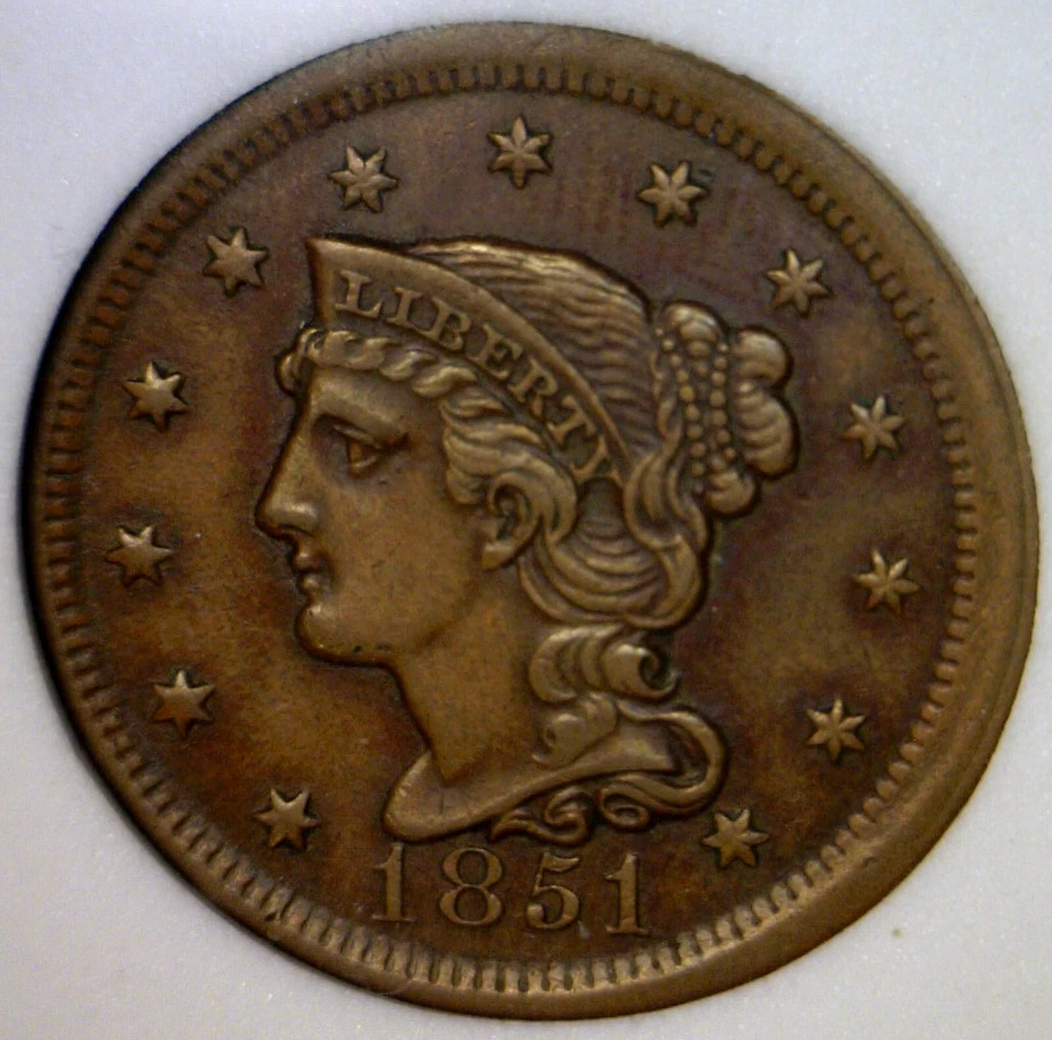 1851 ERROR BU + BROAD STRUCK Braided Hair Large Cent US Copper Coin NICE BS NR - Image 2 of 4