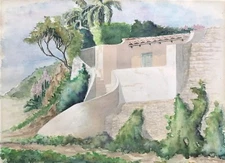 J MOLLENHAUER - Hillside Home - Large  Original Watercolor - Signed