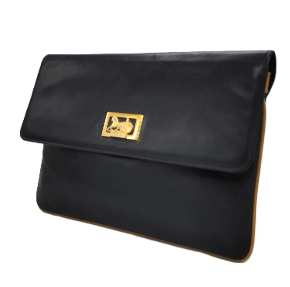 Celine Vintage Leather Carriage Fittings Clutch Bag Black Auth 0131