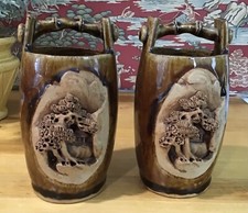 2- Japanese Banko Ware Vases Carved 4.5” Tall Brown Drip Glaze