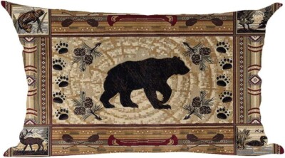 Retro Brown Bear Deer Paw Prints Cabin Forest Pine Nut Trees Field Fall Decor...