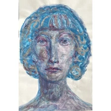 E.J. Hartmann - Expressionist Female Portrait, Signed (Acrylic On Paper)