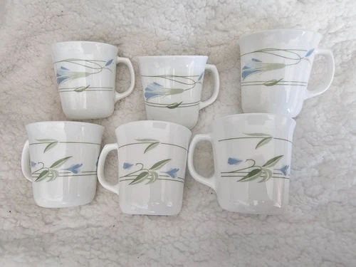 (Set Of 6) Corning Floral Cups Mugs Coffee & Tea USA White 4'' Tall Vintage