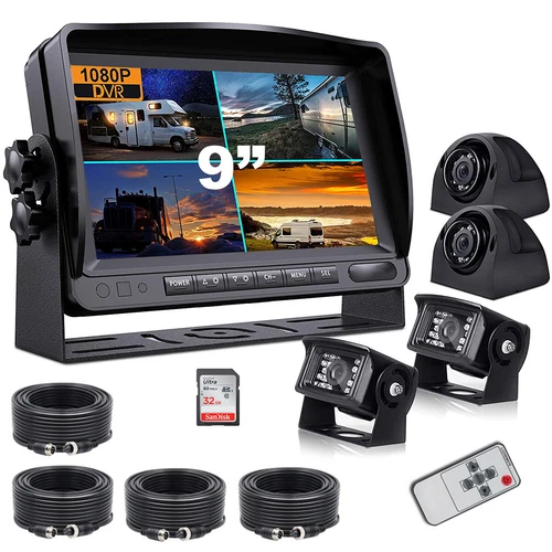 9" Quad Monitor DVR Video Recorder 4 x Side Cameras Truck Backup Camera System