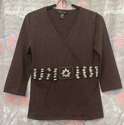 CABLE & GAUGE Stretch Knit Shirt Top Size Small-Color Brown