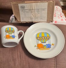 Vintage Ceramic Baby Toddler Plate Cup Animals Hot Air Balloon Brazil Brand New
