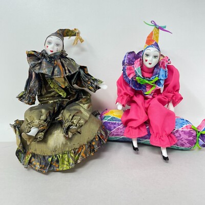 Vintage Sitting Clowns Posable Porcelain Head Painted Face Jester Collectible