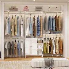 96inch Closet System with 3 Wooden Drawers ＆ 5 Hanging Rods and Storage Shelves